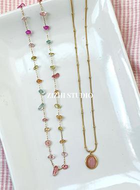 ZIZHI STUDIO 法式彩色天然石手工串珠叠戴锁骨链高级极细项链女