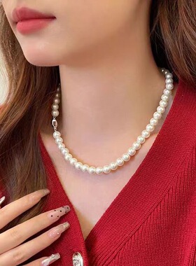 HJ-10元宝扣白色真多麻灰玻璃珍珠项链短款集小众轻奢女新款颈链