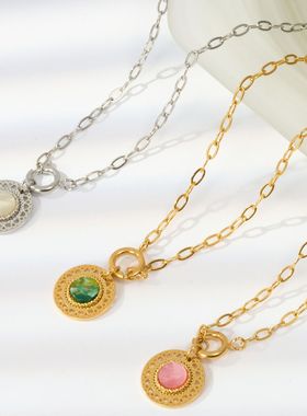 法式树叶石头项链钛钢欧洲不锈钢女轻奢祖母绿ins风复古