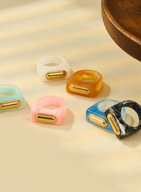 钛钢树脂方形镶嵌闭口戒指多色拼接彩色小众法式设计欧美