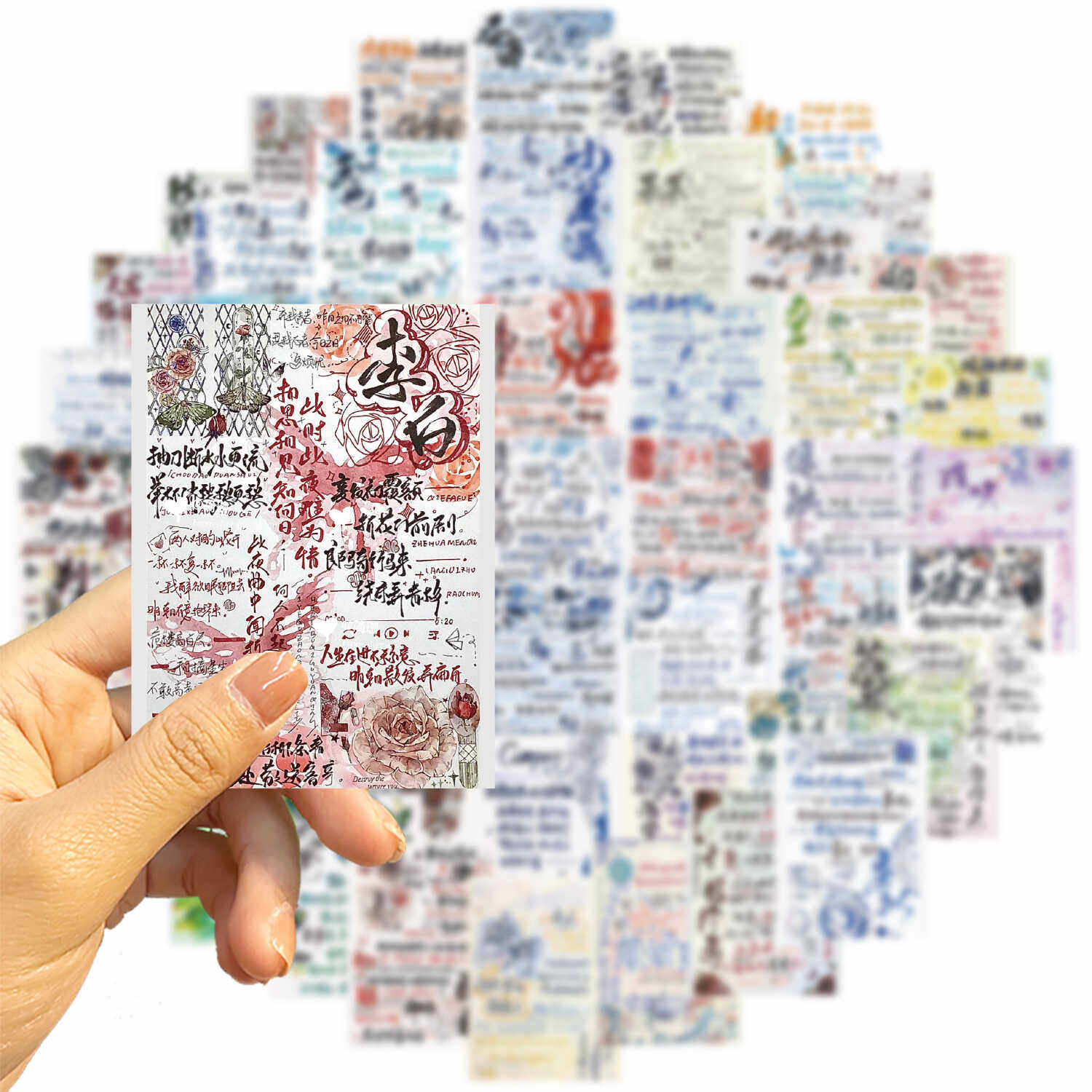 简约文字手写扉页国潮卡通贴纸50张手帐本手机壳diy装饰无痕贴纸
