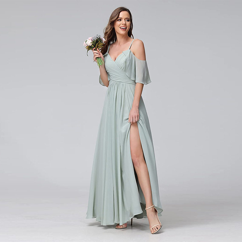 2023冬季新款跨境V领落肩袖A摆晚礼服连衣裙开叉弹力高腰舞会长裙 - 图0