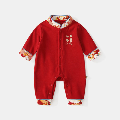 婴儿春秋满月百天衣服新中式大红色宝宝长袖连体衣喜庆周岁礼服 - 图0