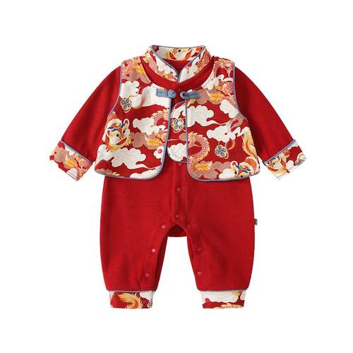 婴儿春秋满月百天衣服新中式大红色宝宝长袖连体衣喜庆周岁礼服 - 图3