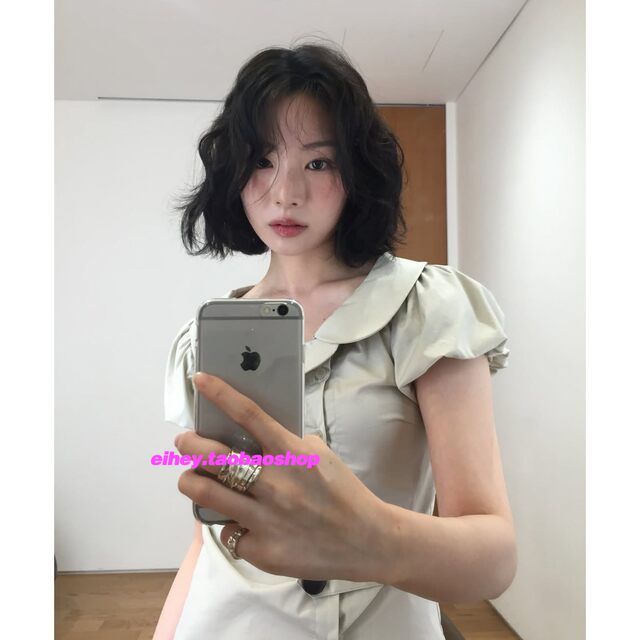 Eihey stacked asymmetrical large lapel design puff sleeve top women's slim waist button-down shirt