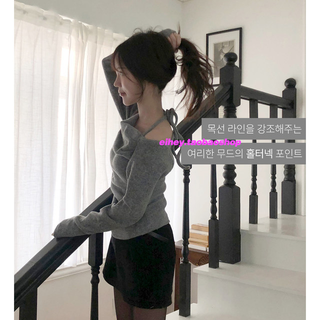 Eihey 2026 ຕົ້ນພາກຮຽນ spring halter neck strapless pure lust style slim pleated ສັ້ນ knitted ເສື້ອທີເຊີດເທິງສໍາລັບແມ່ຍິງ