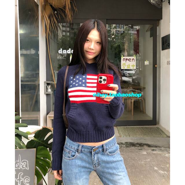 Eihey American retro style flag pattern loose round neck slim pullover hooded knitted sweater for women