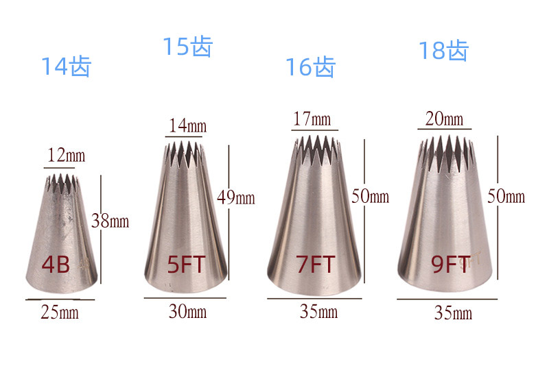 多齿4件套装裱花嘴 多肉闪电泡芙蛋糕饼干烘焙工具 304不锈钢18齿 - 图0