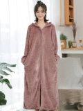 睡袍女冬珊瑚绒加厚长款大码法兰绒连帽拉链睡裙情侣浴袍男士睡衣