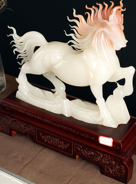 马到功成摆件天然玉石家居新中式客厅玄关电视桌办公室书柜装饰品