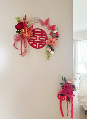 婚房喜字仿真花门贴新品