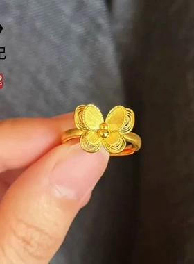 金店同款古法沙金花月佳期双层葫芦蝴蝶项链戒指 铜镀金项链