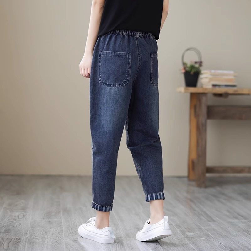 复古做旧水洗贴布拼接牛仔哈伦裤女2024夏季宽松休闲老爹裤潮,淘宝优惠券,粉丝福利购,淘宝优惠卷