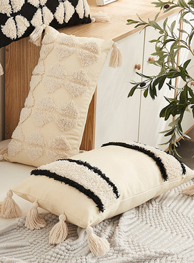 摩洛哥棉线抱枕套简约黑白格靠垫民宿长条靠枕北欧沙发靠包飘窗