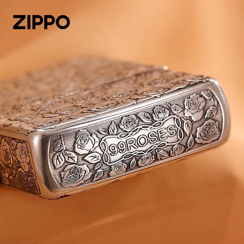 zippo打火机正版芝宝煤油防风火机 盔甲浮雕彩绘99朵玫瑰送男友礼