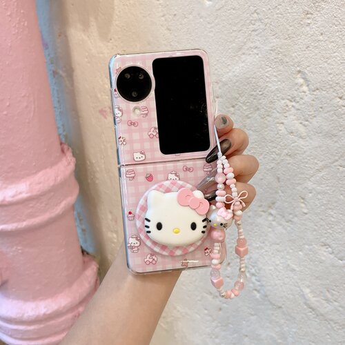 粉格子厨师帽kt猫适用华为PuraX手机壳折叠屏pocket2磁吸支架小米mixflip翻盖外壳荣耀magicvflip链条xflip2 - 图2