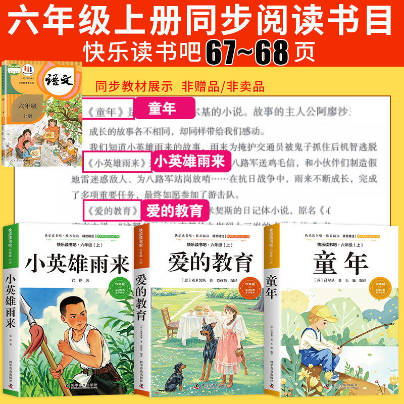 全套3册 童年爱的教育和小英雄雨来六年级上册必读正版的课外书高尔基原著完整版快乐读书吧六上小学6年级阅读书籍配套人教版书目