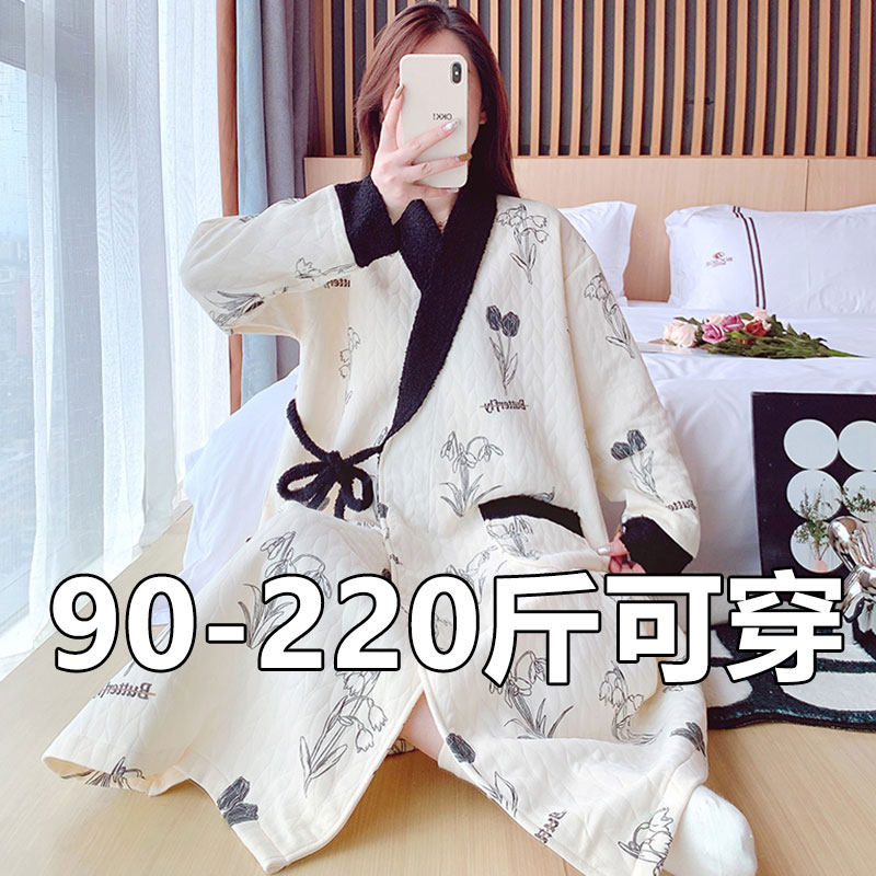 春秋季长袖睡裙女大码200斤睡袍ins风夹层空气棉睡衣宽松夹层浴袍