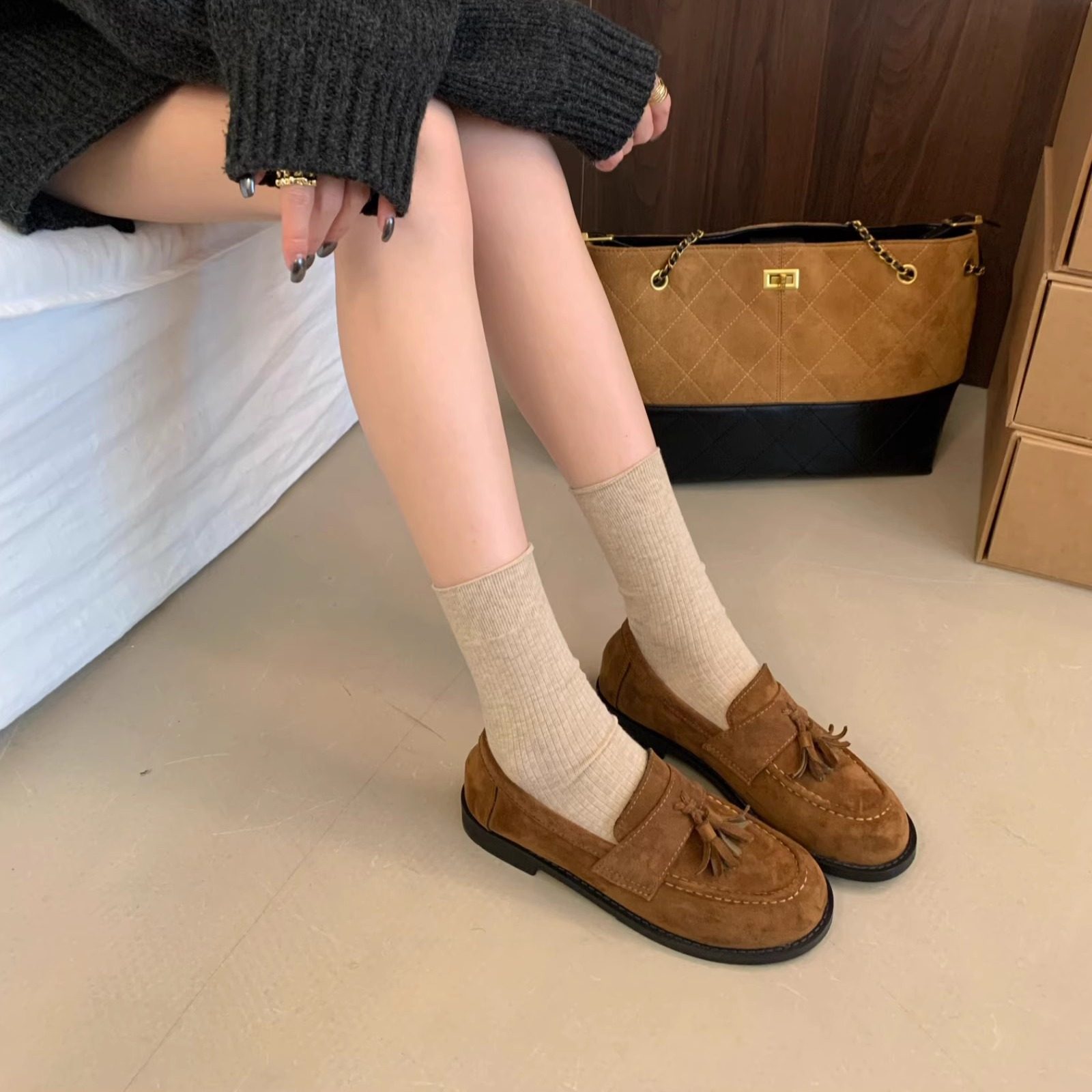 MUMU复古流苏一脚蹬乐福鞋女平底真皮圆头奶奶鞋休闲单鞋,淘宝优惠券,粉丝福利购,淘宝优惠卷