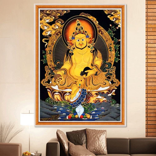 Бриллиантовая живопись гостиная Будда Статуя Тхангки Желтая Фортуна Алмаз Крест -поход