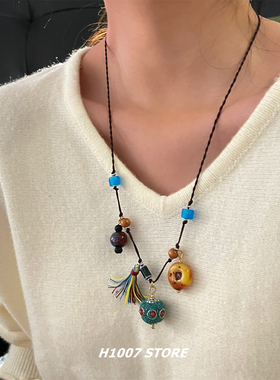 民族风串珠编绳项链女款小众设计高级感毛衣链男新中式古风锁骨链