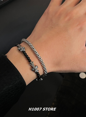 十字花串珠双层拼接款男手链女小众设计高级感百搭嘻哈风手腕配饰