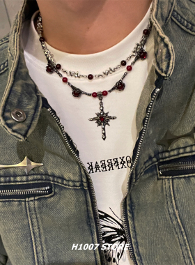 红宝石拼接十字架男项链嘻哈颈链冷淡风锁骨链女小众设计感毛衣链