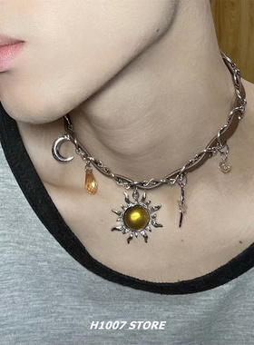 炽烈太阳星芒项圈美拉德棕色复古辣妹颈链男女小众设计锁骨链项链