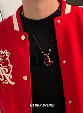 新年款植绒红色小马珍珠长链款项链女小众设计高级感男毛衣链配饰