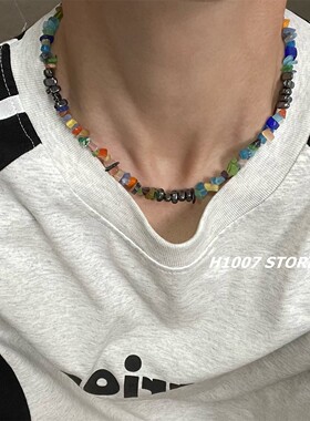 新款夏日彩虹串珠拼接男款锁骨链女生嘻哈款颈链小众设计y2k项链