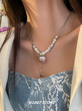 粉草莓珍珠链条拼接甜酷风女项链海边度假风男款锁骨链毛衣链新款