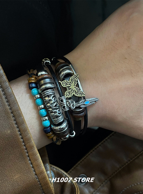 民族风皮质编织多层男款手链女生手串小众男款手绳情侣款手腕饰品