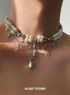 短款颈链珍珠水滴芒星男款项链女小众设计高级感锁骨链嘻哈风配饰