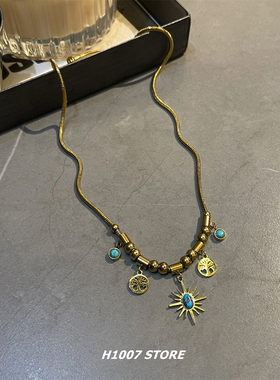 美式蓝松石太阳串珠男款金色项链女锁骨链小众设计高级感嘻哈颈链