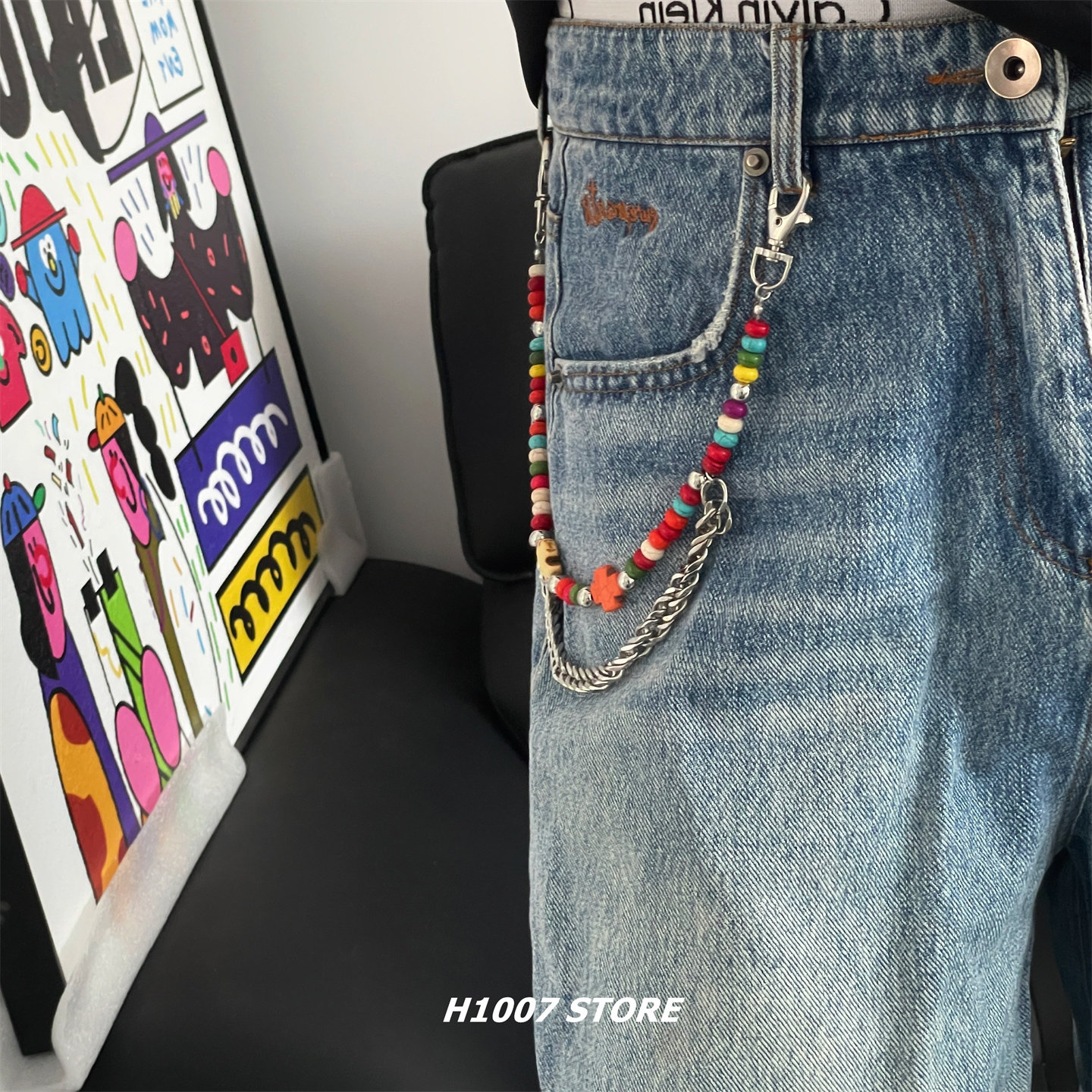 十字架彩色串珠嘻哈风男款裤链女小众设计感腰链牛仔裤工装裤挂链