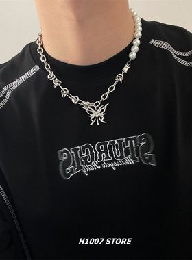 锡纸蝴蝶珍珠男生项链冷淡风ins嘻哈小众设计高级感锁骨链女饰品