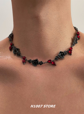 暗黑风玫瑰红宝石拼接锁骨链男款嘻哈风颈链配饰小众设计感女项链