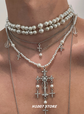 高级感珍珠水滴多层叠戴男款项链女小众轻奢颈链嘻哈choker锁骨链