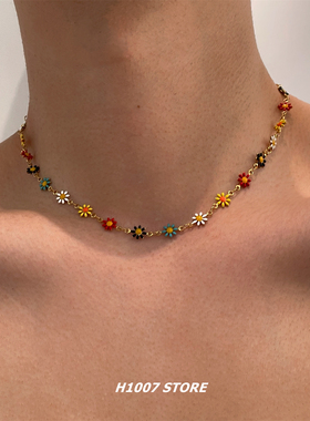 美式拼接彩色雏菊男款项链女小众设计颈链高级感锁骨链甜酷毛衣链
