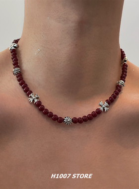 安哥拉红串珠十字花男款项链女生嘻哈锁骨链小众颈链新年款毛衣链