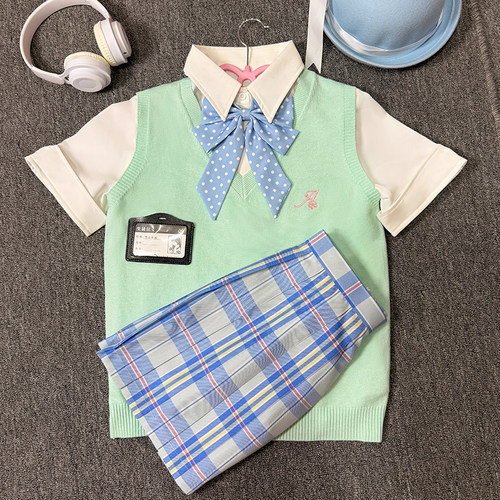 【叠穿五件套】川町香JK正版制服套装毛衣背心衬衫格裙学院风女 - 图0