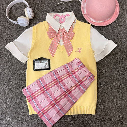 【叠穿五件套】川町香JK正版制服套装毛衣背心衬衫格裙学院风女 - 图3
