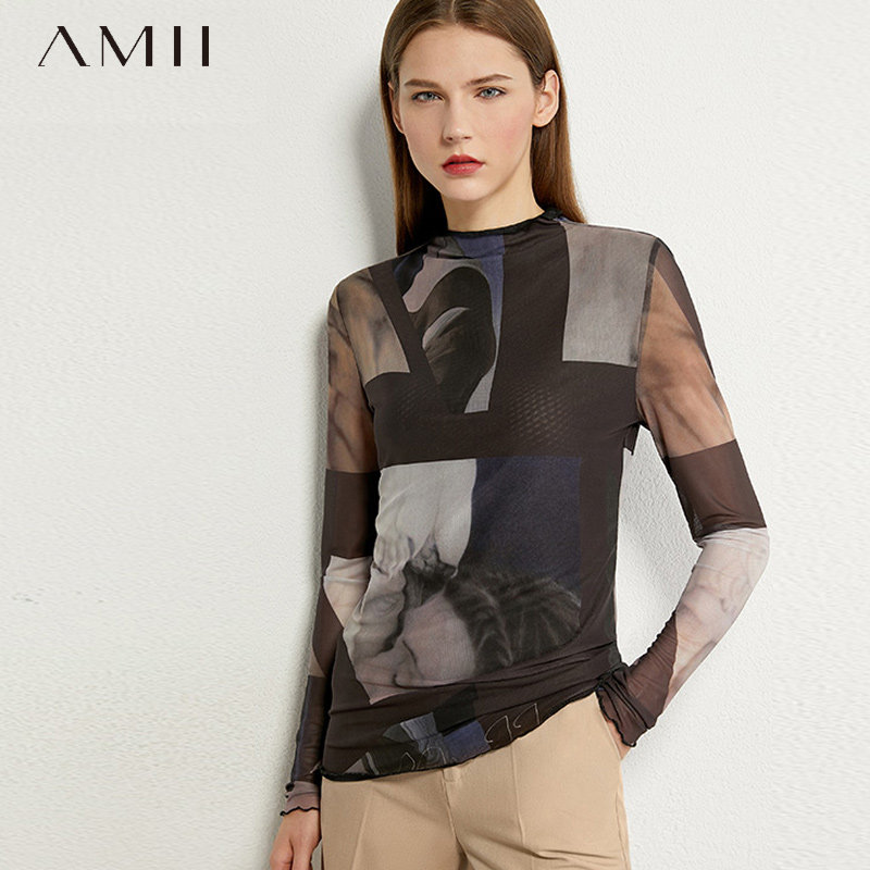 amii春秋冬款百搭网纱蕾丝潮打底衫 amii千盛T恤