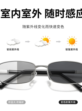 变色镜男 平光变色玻璃镜片 金属全框墨镜 变灰色 变茶色太阳眼镜