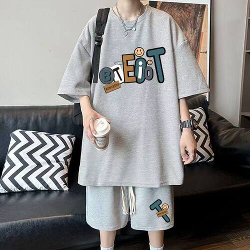 夏季薄款华夫格套装男青少年酷帅简约ins加大码短袖T恤短裤两件套 - 图1