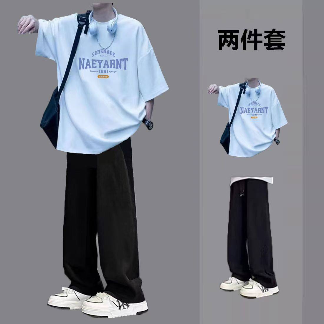 短袖t恤男夏季ins潮牌休闲套装学生运动薄款两件套痞帅穿搭一套,淘宝优惠券,粉丝福利购,淘宝优惠卷