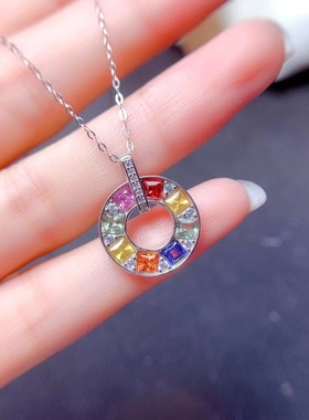 925银镀金镶嵌天然彩色蓝宝石糖果色马卡龙时尚甜甜圈个性方项链