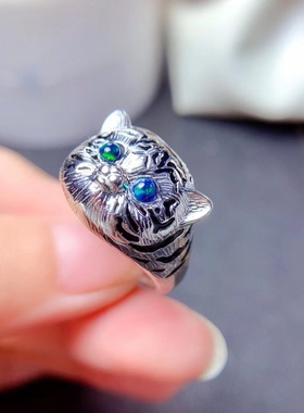 复古纯银镀白金男士女士本命年霸气老虎变彩黑欧泊戒指活口