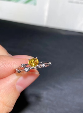 银镀白金镶嵌天然黄宝石时尚潮流小清新百搭休闲竹节配钻戒指活口