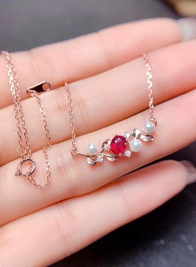 银镀玫瑰金镶钻镶嵌鸽血红宝石时尚珍珠豪华树叶百搭小清新锁骨链